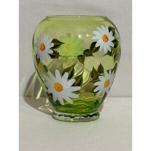 Teleflora Gift Green Glass Vase Hand Painted Daisy Floral Round Optic Design